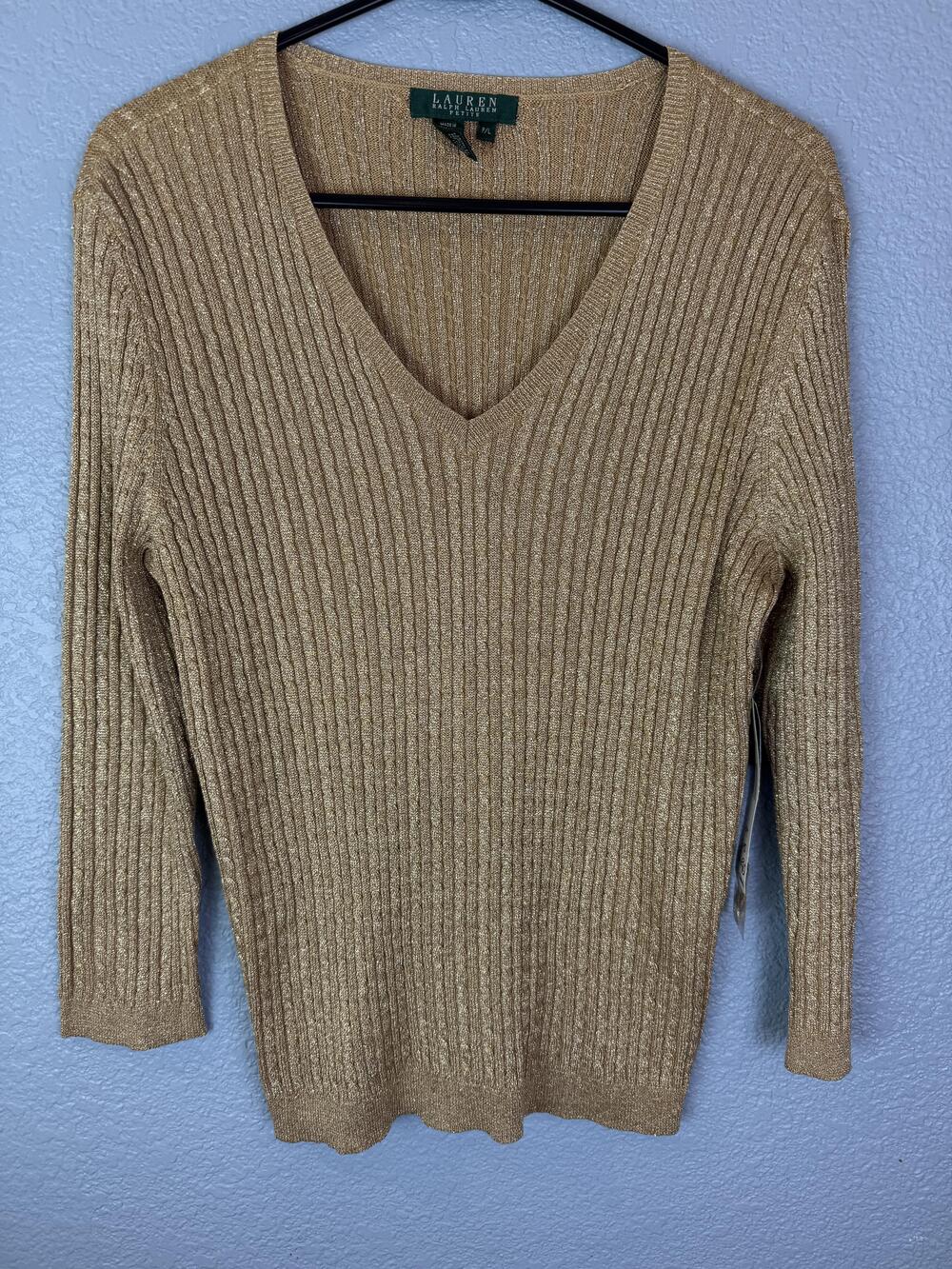 Lauren Ralph Lauren Sweater Womens Large Petite Gold Metallic Silk Blend NWT